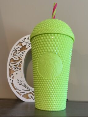 Starbucks Lime Green Studded Tumbler with Pink-Striped Straw